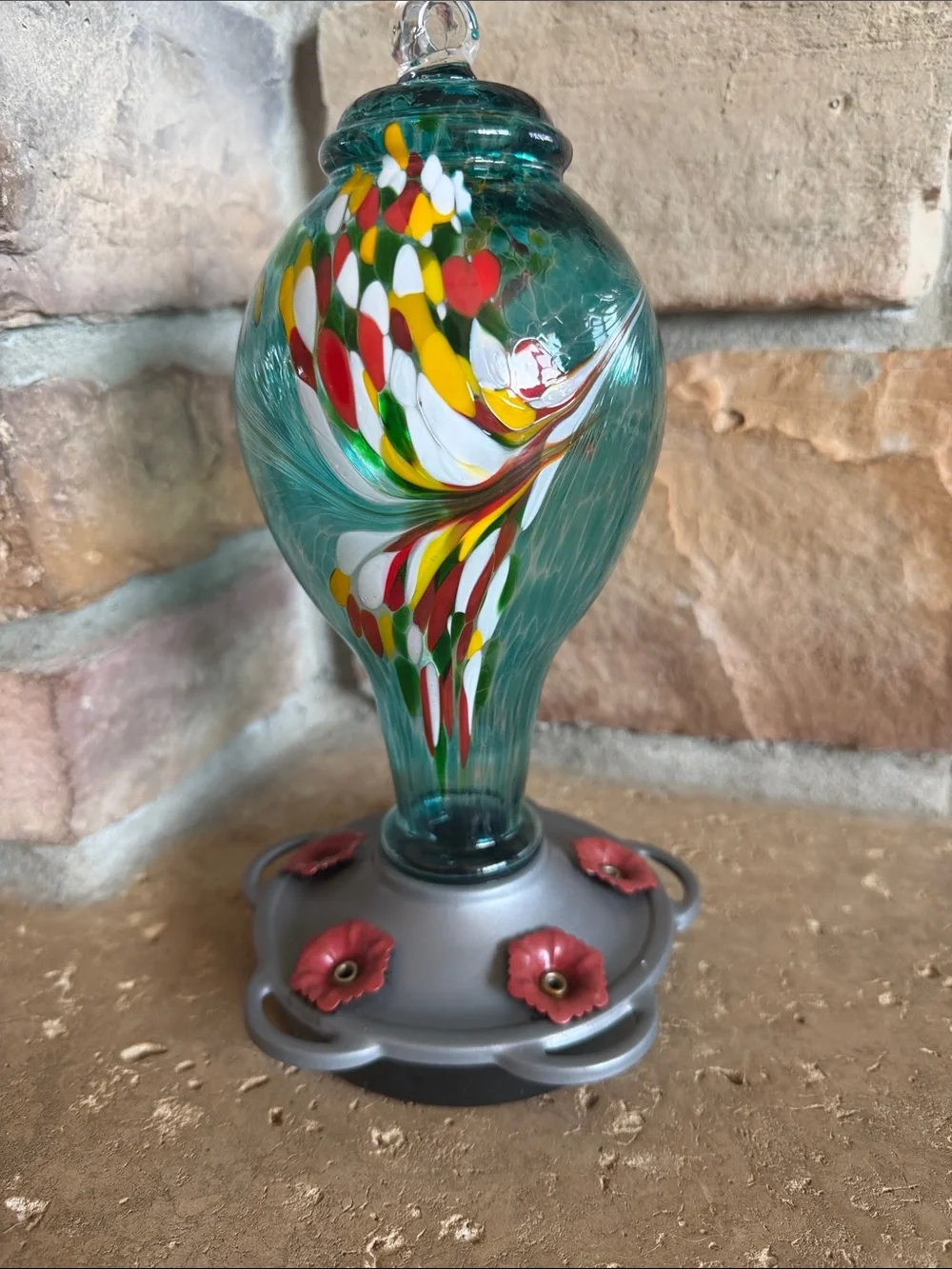 Hand-Blown Teal Glass Hummingbird Feeder with Multicolor Swirl